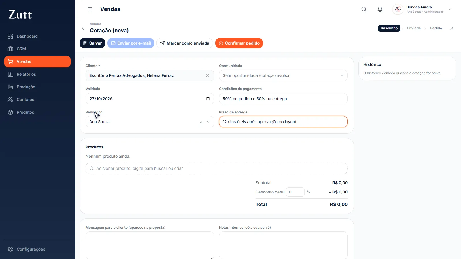 Cotação com cliente, validade, condições de pagamento e prazo de entrega preenchidos