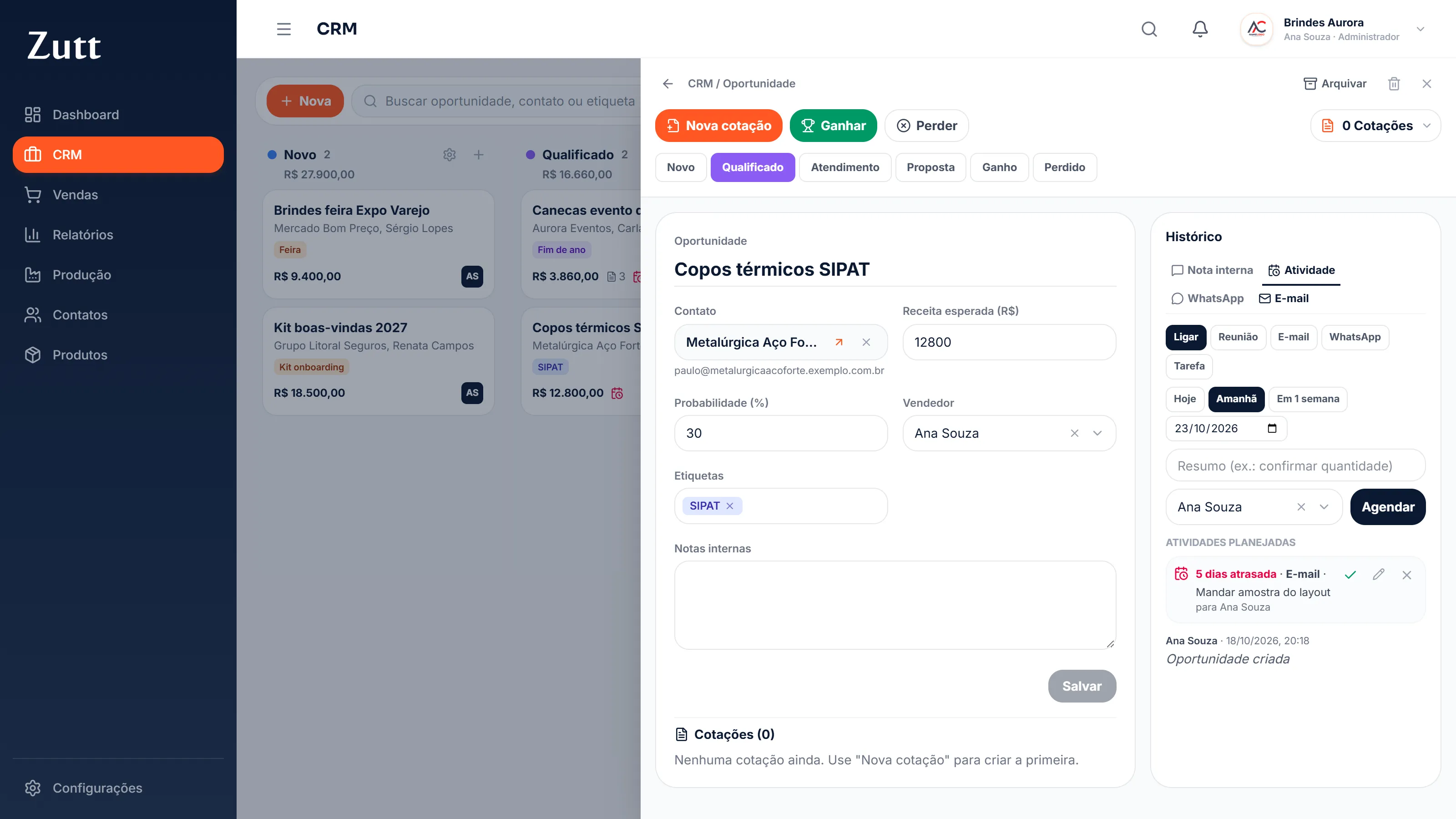 Oportunidade no CRM com a aba de atividade aberta para agendar o próximo contato