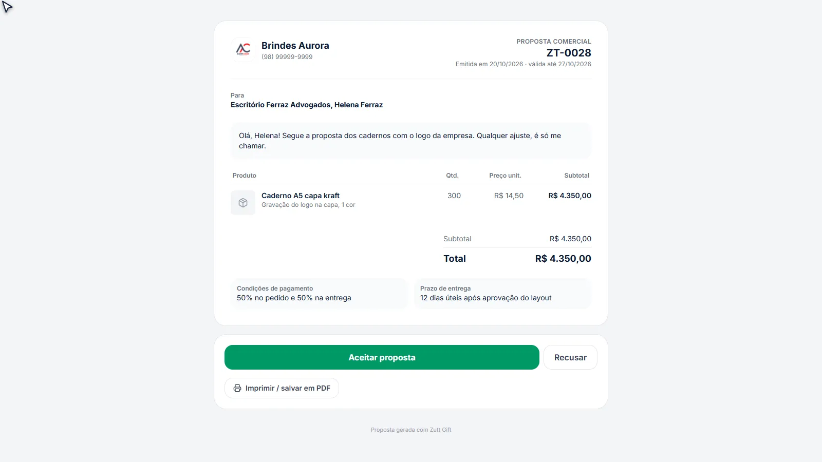 Proposta como o cliente vê, com os botões Aceitar proposta e Recusar