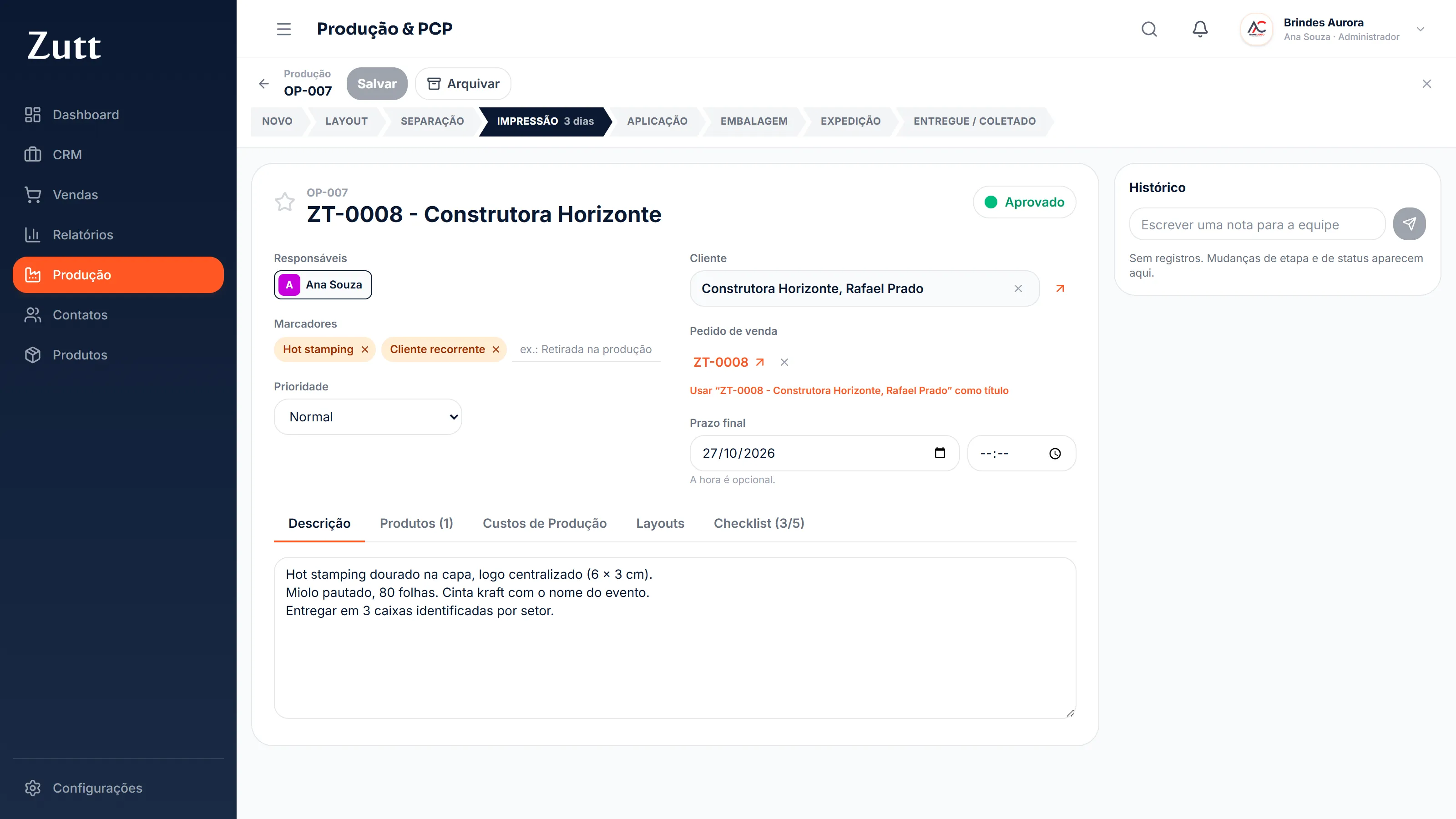 Ficha de uma ordem de produção com etapa atual, prazo final e descrição da personalização