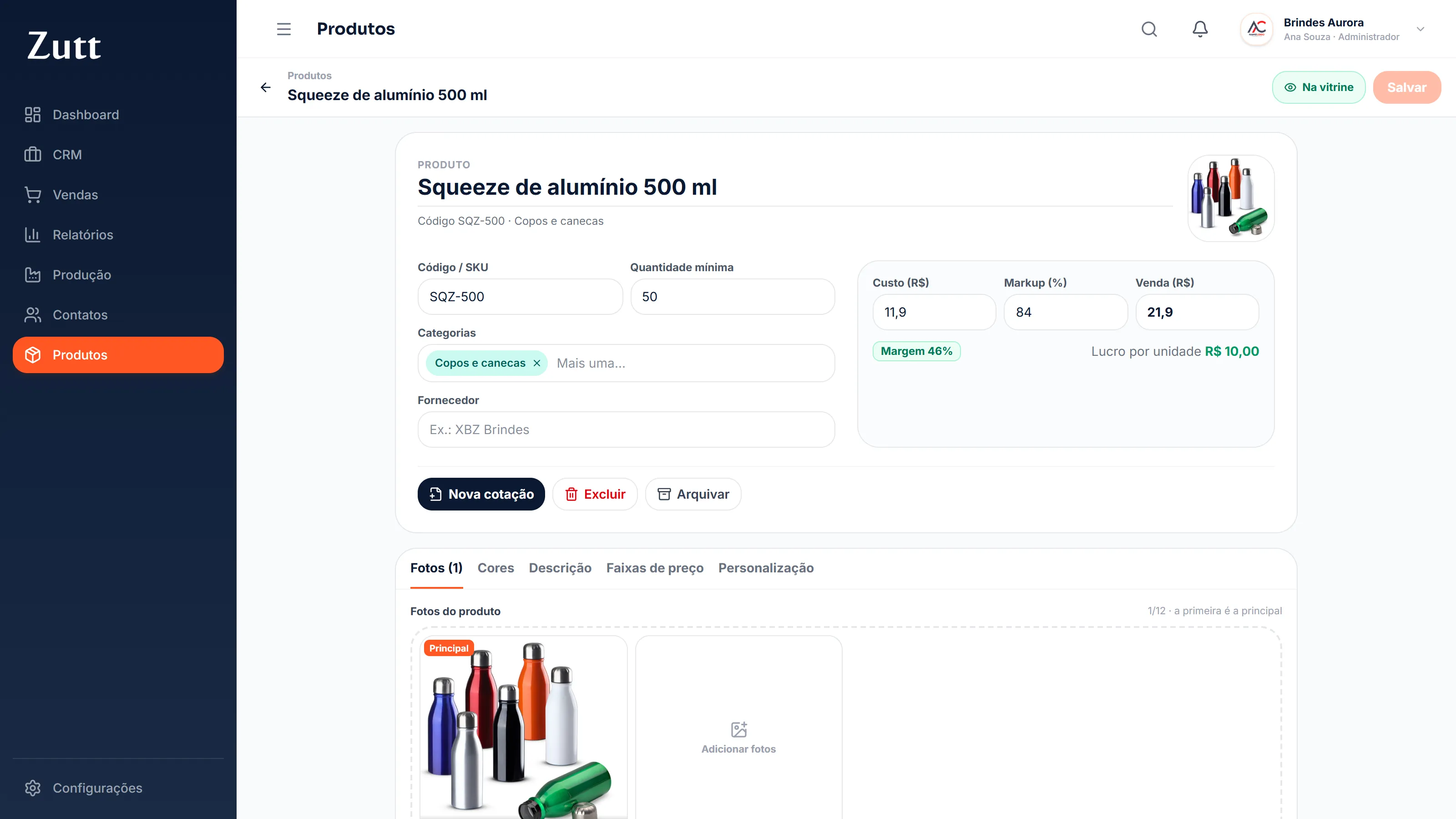 Ficha de produto com custo, markup, preço de venda, margem e lucro por unidade
