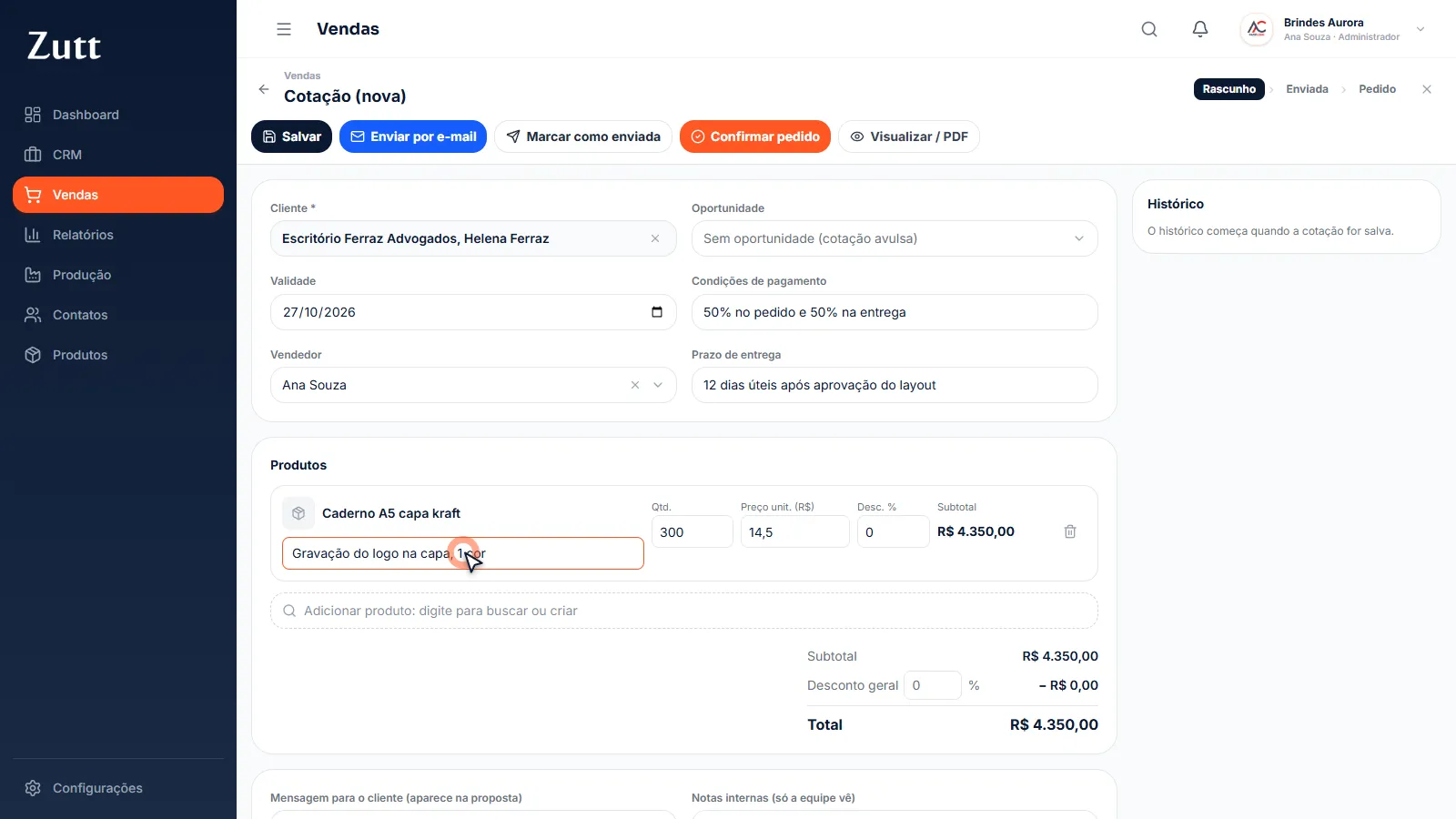 Produto adicionado com quantidade, preço, personalização e o total calculado